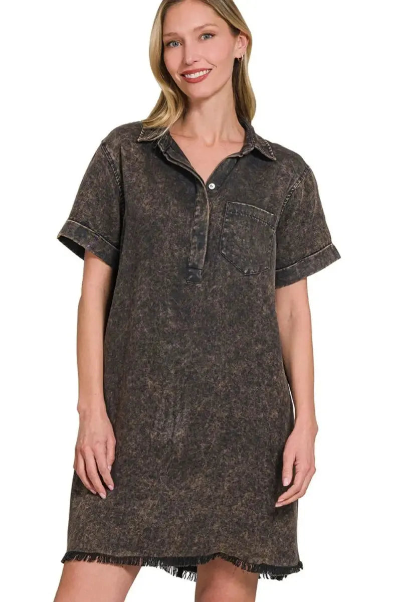 Zenana Tencel Mineral Washed Collared Shirt Dress for Women - Love Salve